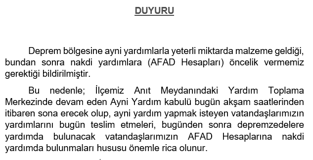 Depremzedelere Ayni Yardımda Bulunulması Duyurusu